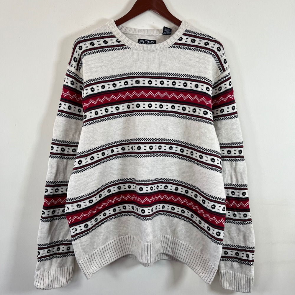 Vintage Chaps Mens Knit Crewneck Sweater Striped Aztec XXL Cotton Western - Picture 2 of 8